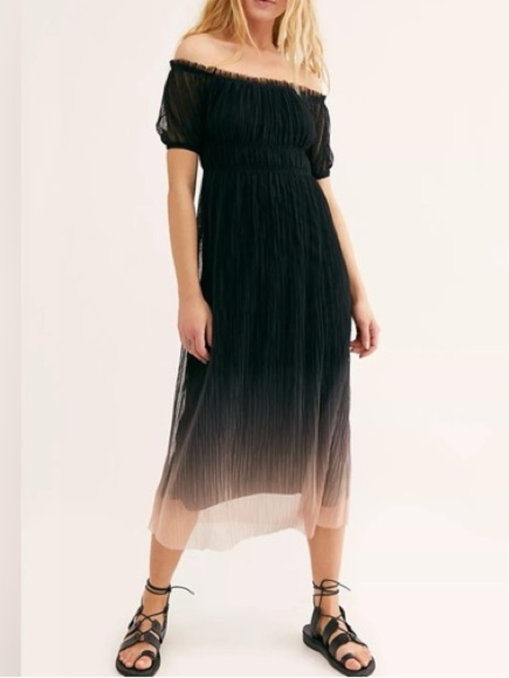 Free People Off-Shoulder Ombre Midi Dress in Black and Cream